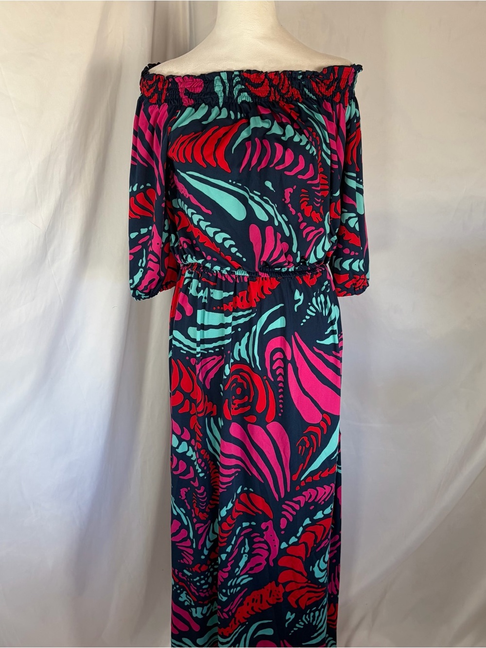 Escapada Off-Shoulder Maxi Dress Navy Pink, Red & Teal Print Small Beach Summer
